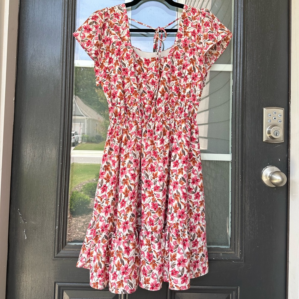 Altar'd State Red, Pink and White Ruched Sundress with Cap Sleeves
